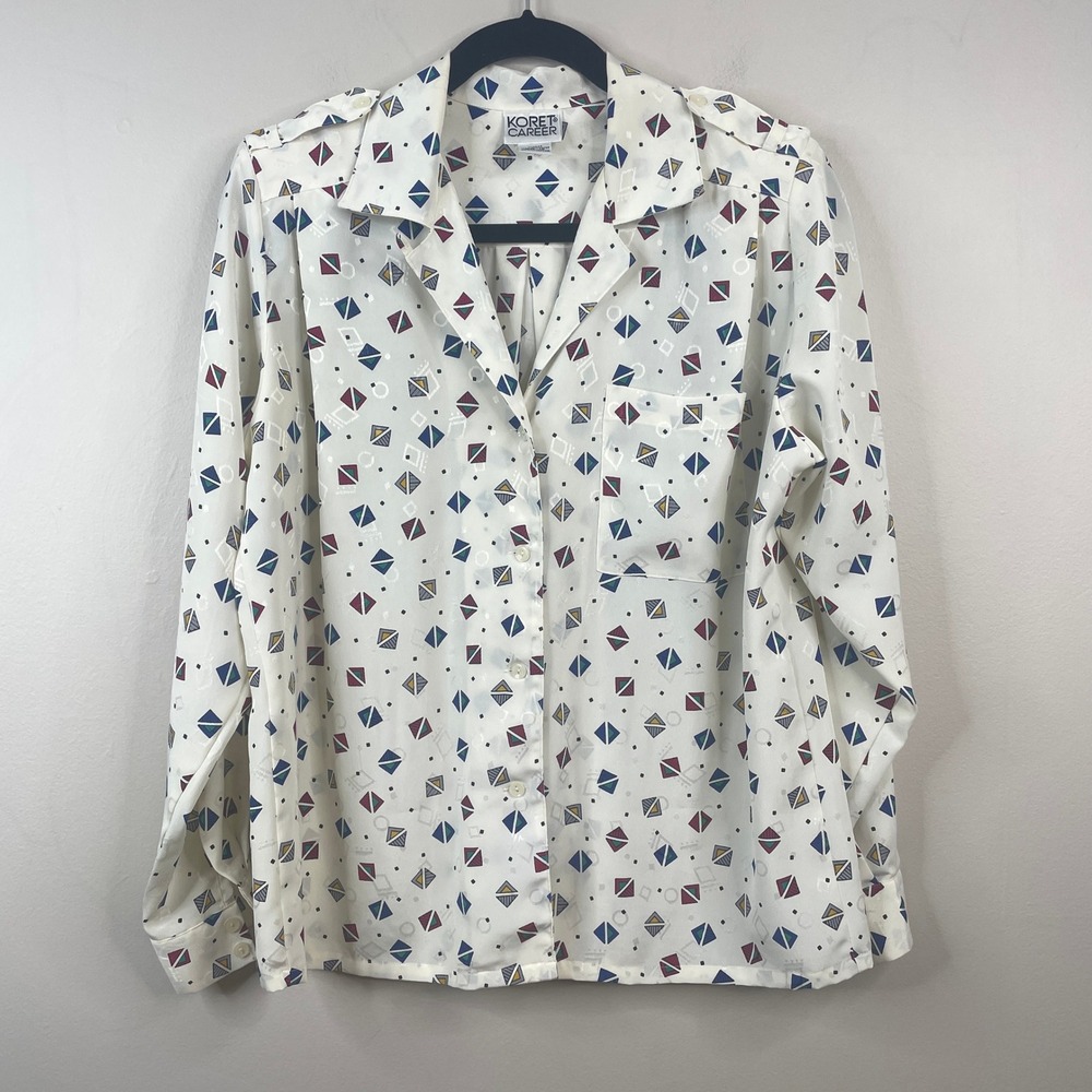 Vintage Old Money Career Top Womens 10 Jewel Tone Geometric Button Up Blouse